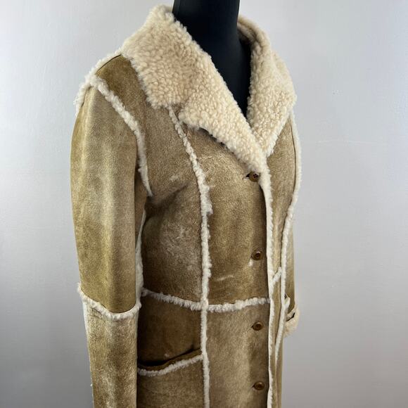 SUNDANCE Tan Suede Leather Sherpa Shearling Long Midi Coat Jacket Collar 12 - Picture 5 of 9